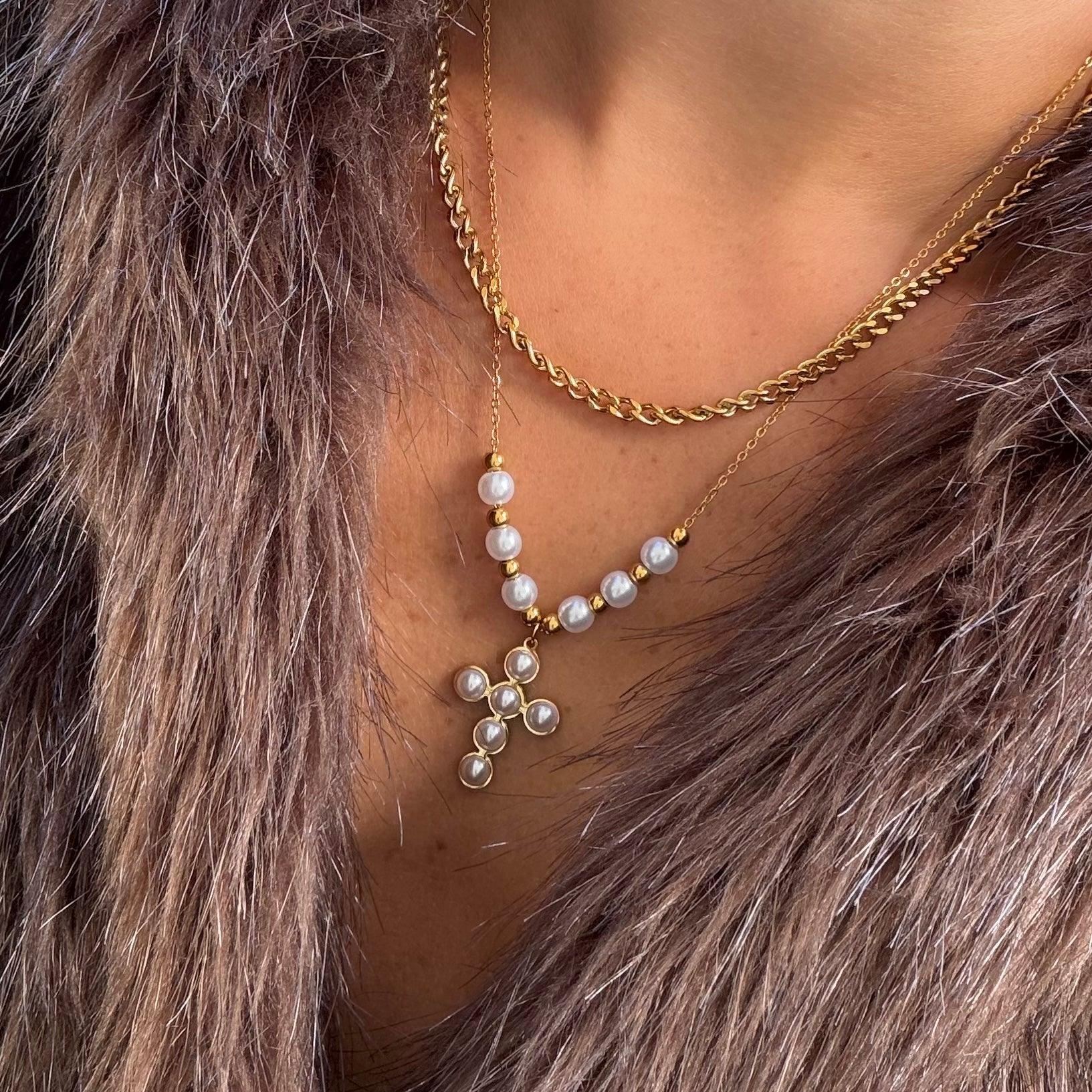 Pearly Blessing  Cross Double Layered Necklace