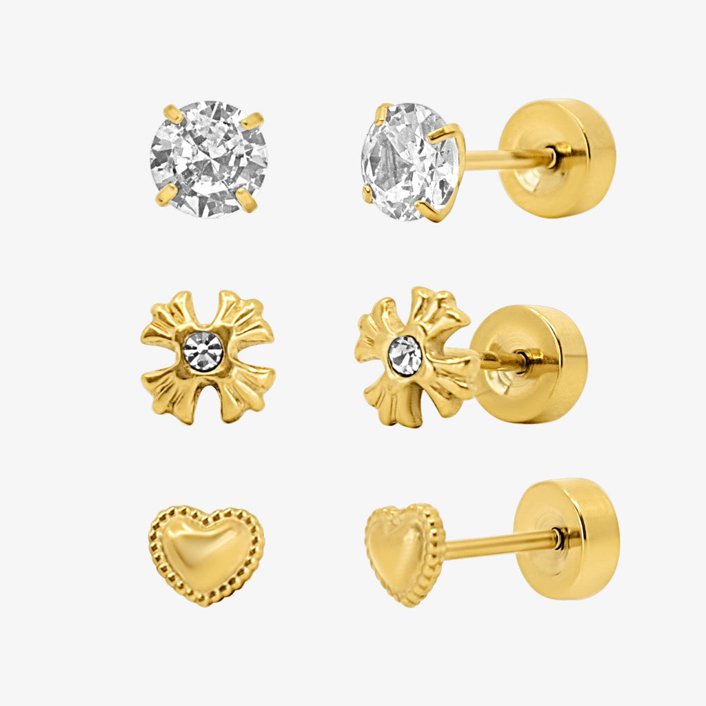 Sweetheart Flat Back Earrings 3 Piece Set